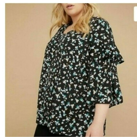 LANE BRYANT BLOUSE 18/20 BLACK FLORAL PRINT TIERED RUFFLE SLEEVE V NECK PINK GRE - Picture 10 of 10